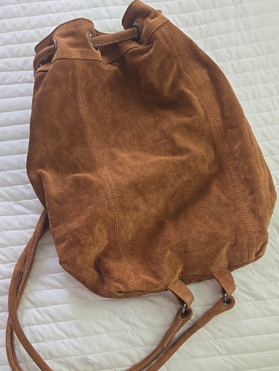 Handbags - Suede Drawstring Backpack in Warm Chestnut With Side Zipper Inside Zipper NWT